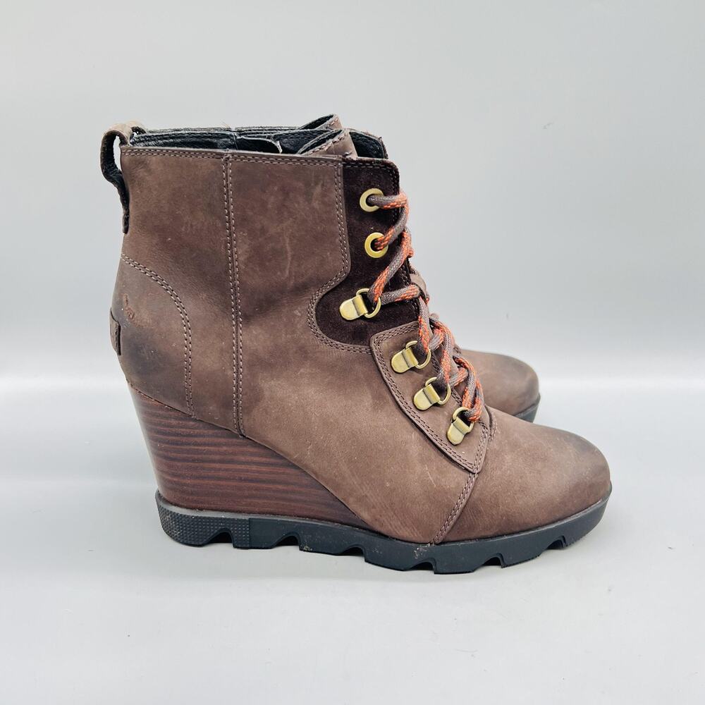 Sorel Boots Womens 8.5 Brown Leather Joan Uptown Lace Up Ankle Wedge Zip Shoes